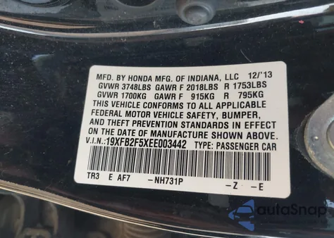 2014 Honda Civic Lx from USA, damaged, VIN 19XFB2F5XEE003442